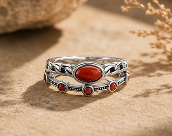 Red Agate Sterling Silver Ring, Minimalist Adjustable Ring, Stackable Gemstone Band, Open Ring for Women, Gemstone Jewelry Gift for Her