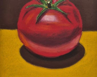 Disegno originale a pastello ad olio di pomodoro, natura morta in formato A5, opera d'arte con pomodoro rosso