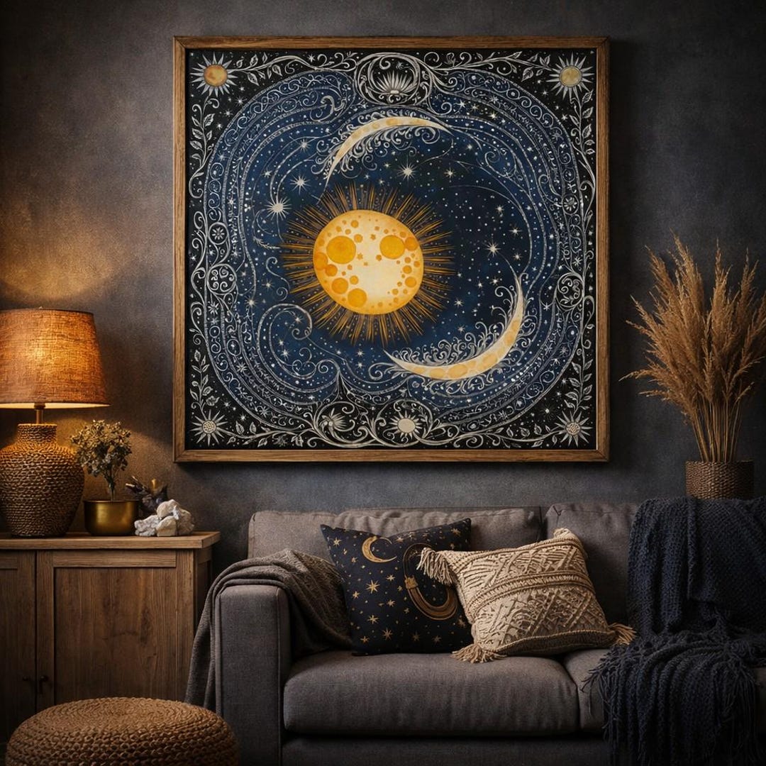 Celestial Sun Moon Art Print, Boho Stars Poster, Mystical Night Sky ...