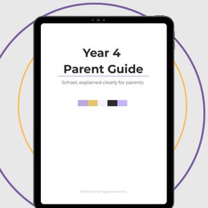 Könnte beinhalten: Ein schwarzes Tablet zeigt einen weißen Bildschirm mit dem Text "Year 4 Parent Guide" in fetter Schrift. Darunter steht "School, explained clearly for parents." Ein Farbbalken aus Lila, Gold und Schwarz ist vorhanden. Veröffentlicht von Rogue Maverick.