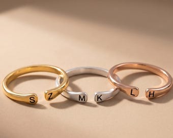 Personalized Double Initial Bypass Ring, Adjustable, Sterling Silver, Gold, Rose Gold