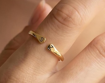 Personalized Double Initial Bypass Ring, Adjustable Gold Band, Minimalist Jewelry
