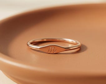 Custom Brass Signet Ring, Minimalist Initial Monogram Jewelry, Dainty Stacking Band