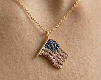 Sparkling CZ American Flag Pendant Necklace, Patriotic Celebration Jewelry