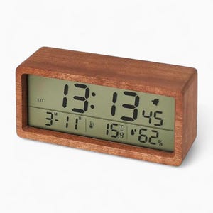 Wooden Digital Alarm Clock | Large LED Display, Temperature & Humidity, Date, Snooze, Backlight, 12/24H Table Clock for Bedroom