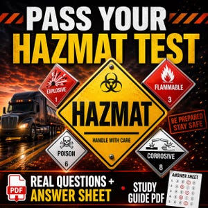 May include: An image advertising a HAZMAT test study guide. It shows a lorry, hazard warning signs, and the text "PASS YOUR HAZMAT TEST." Additional text includes "REAL QUESTIONS + ANSWER SHEET" and "STUDY GUIDE PDF."