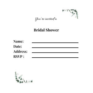 K&ouml;nnte beinhalten: Wei&szlig;e Einladungskarte mit dem Text "You're invited a Bridal Shower." Die Karte enth&auml;lt Zeilen f&uuml;r Name, Datum, Adresse und RSVP. Gr&uuml;npflanzen akzentuieren die Ecken der Karte.