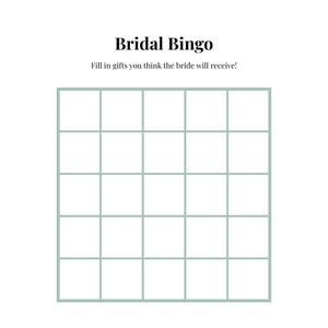 K&ouml;nnte beinhalten: Ein wei&szlig;es Blatt Papier mit dem Text "Bridal Bingo" in Schwarz. Unter dem Titel steht der Text "Fill in gifts you think the bride will receive!" Ein Raster von 25 Quadraten in hellgr&uuml;ner Farbe befindet sich unter dem Text.