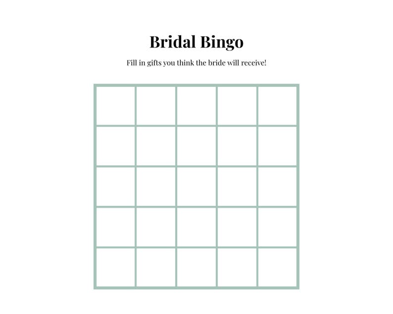 K&ouml;nnte beinhalten: Ein wei&szlig;es Blatt Papier mit dem Text "Bridal Bingo" in Schwarz. Unter dem Titel steht der Text "Fill in gifts you think the bride will receive!" Ein Raster von 25 Quadraten in hellgr&uuml;ner Farbe befindet sich unter dem Text.