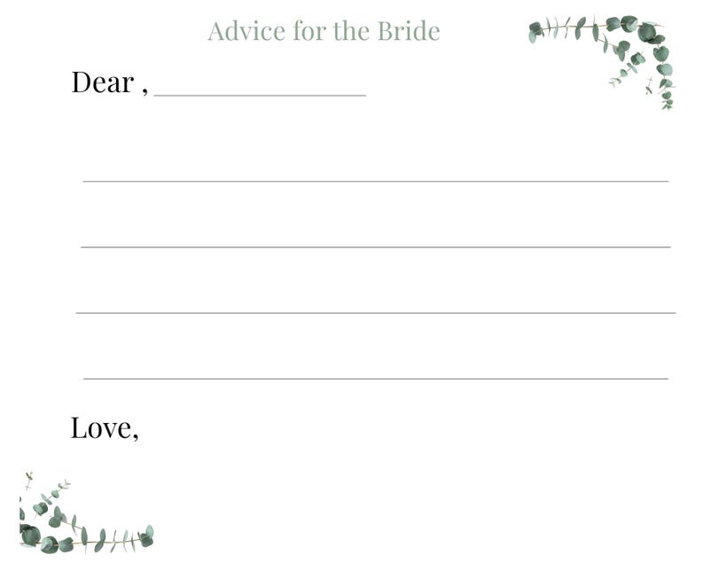 K&ouml;nnte beinhalten: Eine wei&szlig;e Ratgeberkarte f&uuml;r die Braut mit dem Text "Ratschl&auml;ge f&uuml;r die Braut". Die Karte hat Linien zum Schreiben und ist mit gr&uuml;nen Eukalyptusbl&auml;ttern verziert. Die Karte enth&auml;lt die W&ouml;rter "Liebe,"