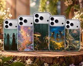 May include: Five clear smartphone cases arranged in a row, each featuring a distinct fantasy-themed illustration. The designs depict various scenes with winged figures, glowing mushrooms, and forest landscapes, all set against a natural wooden surface.