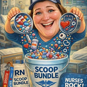 May include: A cartoon illustration of a smiling nurse wearing a blue hat with "NURSE" on it, holding containers of pills and a bucket labeled "SCOOP BUNDLE". The image includes medical symbols and the text "NURSES ROCK!"