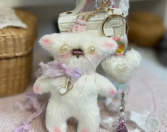 Handmade White Cat Bag Charm – OOAK Japanese Kitten Keychain Pearl Eyes, Guitar, Purse