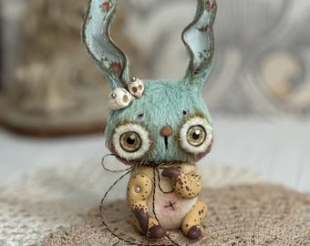 Miniature Bunny Art Doll, Japanese Retro Rabbit, OOAK Collectible Toy, Blythe Doll Pet, Handmade Kawaii Bunny, Pocket Companion