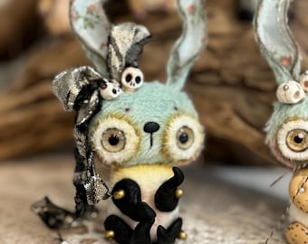 Miniature Bunny Art Doll, OOAK Collectible Rabbit, Blythe Doll Pet, Halloween Bunny, Day of the Dead Decor, Pocket Companion