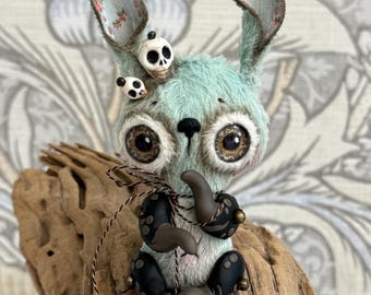 Cute Creepy Bunny Art Doll, Gothic Rabbit, Whimsical Halloween Decor, Kawaii Oddity, Collectible Artist Toy, Pastel Goth Bunny