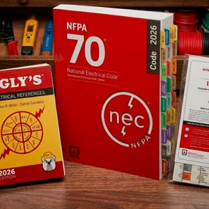 May include: A set of electrical reference books including the red NFPA 70 National Electrical Code 2026 edition with colorful index tabs, a yellow spiral-bound Ugly's Electrical References 2026 edition, and a package of index tabs.