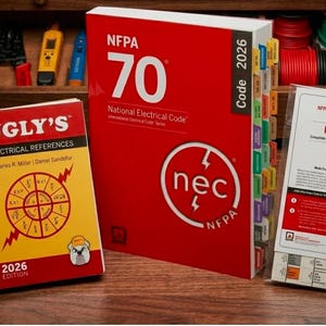 May include: A set of electrical reference materials including a yellow spiral-bound Ugly's Electrical References 2026 Edition book, a red NFPA 70 National Electrical Code 2026 Edition book with colorful index tabs, and a package of index tabs.