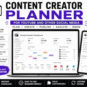 May include: A digital Content Creator Planner Notion template displayed on a laptop, tablet, and smartphone. The interface features a dashboard with analytics, a content calendar, and workflow trackers for YouTube and social media platforms.