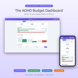 May include: A digital ADHD budget dashboard displayed on a laptop and a smartphone. The interface shows spending, savings, and budget categories with visual progress bars. The dashboard includes features like a debt calculator and bill calendar.
