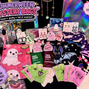 May include: A Summerween mystery bag collection featuring over 15 items including a disco ball ghost, face masks, earrings, stickers, and patterned pouches. The set includes various ghost-themed accessories, a bat-print fabric, and cards with affirmations, all displayed in a vibrant, colorful assortment of spooky and cute items.