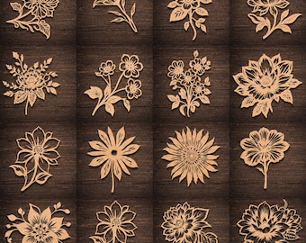 Floral Laser Cut Bundle SVG DXF, Wooden Flower Bouquet for Glowforge, Botanical Mom Gift