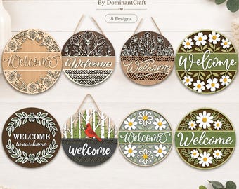 Floral Daisy Welcome Sign SVG Bundle, Round Door Hanger Laser Cut Files (Digital Download)
