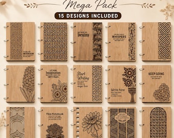 Notebook Cover Laser Cut SVG Bundle, Wooden Journal DXF Files for Glowforge (Digital Download)