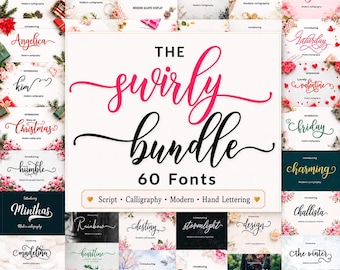 Calligraphy Font Bundle OTF TTF, 60 Swirly Script Fonts for Cricut Canva