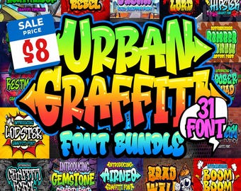 Urban Graffiti Font Bundle, 31 Street Art Fonts for Cricut Canva Logo T-Shirt Designs