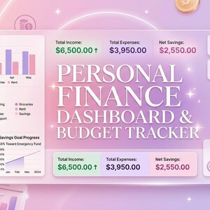 May include: A digital personal finance dashboard and budget tracker interface with a soft purple and pink gradient background. It features charts, graphs, and text displaying Monthly Income vs Expenses, Spending Categories, and savings progress.