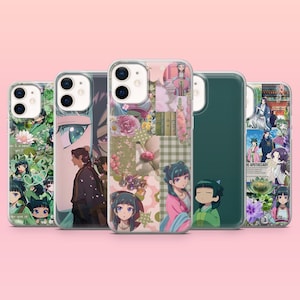 May include: A collection of five phone cases with anime-style artwork. The cases feature various designs, including floral patterns, character illustrations, and a green solid color. The cases are displayed against a pink background.