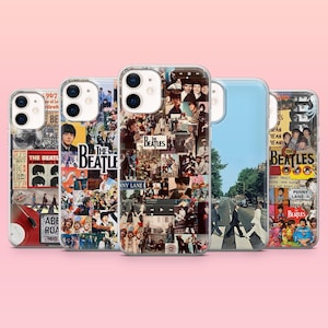 Puede incluir: Cinco fundas para teléfono con diseños temáticos de los Beatles. Las fundas muestran portadas de álbumes, fotos de la banda e imágenes icónicas, incluida la portada de Abbey Road. Las fundas son transparentes con gráficos coloridos.