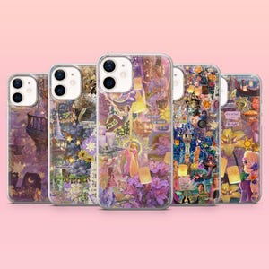 May include: Five phone cases with a collage design in purple and gold. The cases feature images of lanterns, flowers, and characters. The cases are arranged in a row against a pink background.