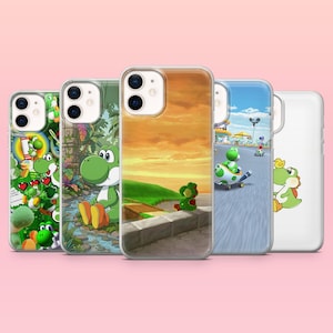 May include: Five phone cases with colorful designs featuring Yoshi characters. The cases showcase various scenes, including a sunset, a jungle, and a race track. Each case has a clear, protective cover.