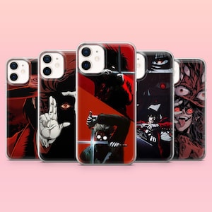 May include: A collection of five phone cases featuring anime-style illustrations. The cases showcase various characters in dynamic poses, with a color palette dominated by red, black, and white. Each case has a clear border.