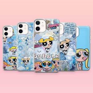 May include: A collection of clear phone cases featuring the Powerpuff Girls cartoon characters. The cases have various designs, including images of the characters, butterflies, and the word "BUBBLE". The color scheme is primarily blue and white.