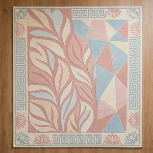 Hand Tufted Wool Rug, Pastel Abstract Rug, Botanical Leaf & Geometric Pattern Carpet, Modern Beige Pink Blue Area Rug, Designer Living Room