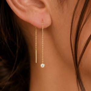Dainty Sterling Silver Threader Earrings, Tiny Gemstone Chain Earrings, Drop Earrings with CZ Stones, Minimalist Chain Earrings Gift For Her