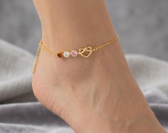 Personalisiertes Birthstone Fußkettchen, Mom Fußkettchen mit Familie Birthstones, Zierliches individuelles Fußkettchen, Herz Birthstone Schmuck, kleines Geburtstagsgeschenk für Sie