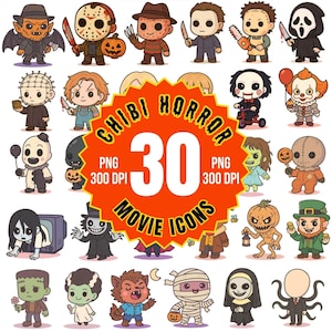 Chibi Horror Movie Icons png, png files, clipart, chibi, halloween, kids, horror movies, stickers, transparent background, 30 PNGs