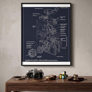 1960s SLR Camera Blueprint Art, Exploded View Schematic Poster