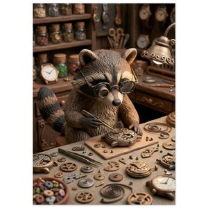 Peut inclure: Illustration fantaisiste d'un raton laveur horloger portant des lunettes, travaillant méticuleusement sur une montre de poche vintage. La scène se déroule dans un atelier rempli de pièces de montres, d'outils et de garde-temps anciens, évoquant le savoir-faire et le détail.