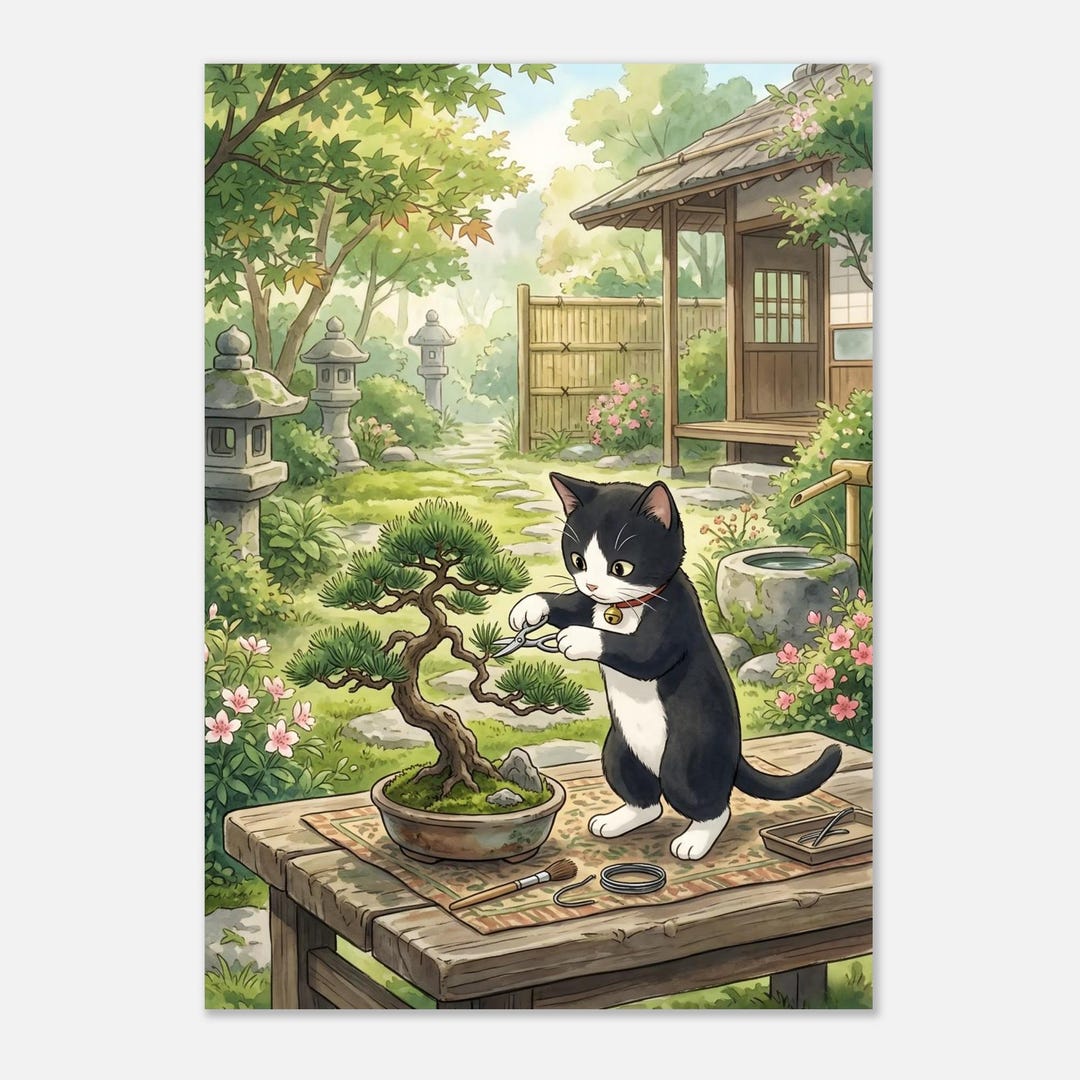 Tuxedo Cat Bonsai Art Print, Japanese Garden Watercolor Illustration ...