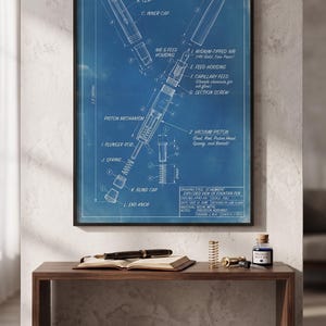 Fountain Pen Schematic Blueprint Art Print, Vintage Technical Drawing, Writer Desk Decor