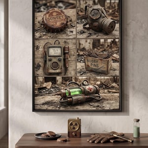 May include: A framed print featuring a collage of post-apocalyptic themed items. Includes a bottle cap with "SUNSET SARSAPARILLA", a gas mask, a Rad-Tek 200 radiation meter, a box of "BOBBY PINS", and a "STIM-PAK" syringe. The items are arranged on a wooden surface.