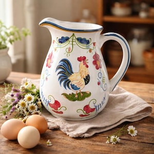 May include: White ceramic jug with a rooster design. The jug has a blue handle and rim, with red and blue floral accents. A colourful rooster is painted on the front. The jug is on a tan cloth with eggs and flowers.