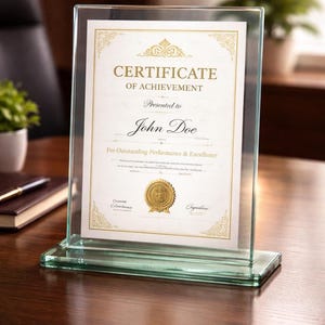May include: A clear glass certificate holder displaying a certificate. The certificate has gold accents and text that reads "Certificate of Achievement" and "John Doe". The holder is on a wooden surface.