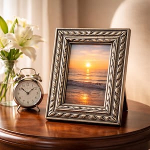 May include: A silver-coloured picture frame displaying a sunset scene, with a decorative leaf pattern. A small, silver alarm clock and a vase of white flowers are on the wooden table.