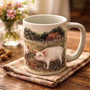 Może przedstawiać: Biały ceramiczny kubek z namalowaną sceną przedstawiającą dwie różowe świnie na trawiastym polu z drewnianą stodołą w tle. Kubek ma gładkie wykończenie, zaokrąglony uchwyt i cylindryczny kształt, prezentując szczegółowy wiejski krajobraz.